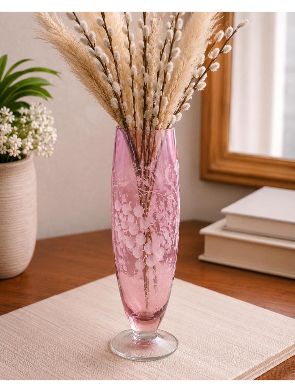 Vintage Bohemian Style Handblown Cranberry Etched Glass Vase with Grape Design